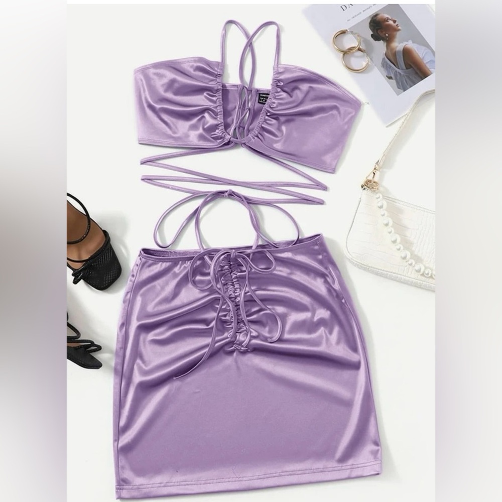 Shein Crisscross knot satin crop top & skirt set